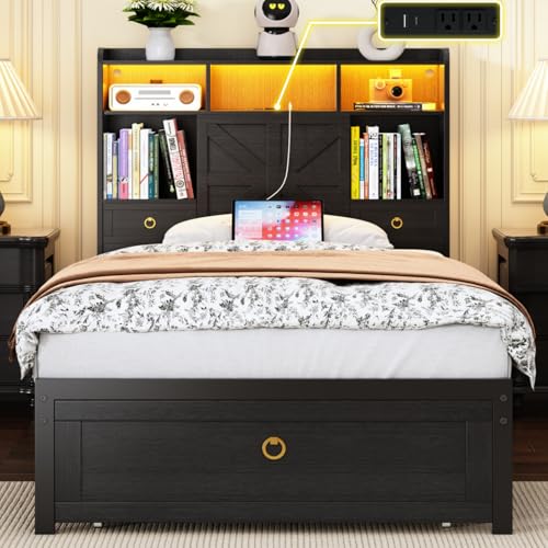Etditrnp Twin Bed Frame with Storage Headboard, Farmhouse Platform Bed Frame with Bookshelf, Drawers, LED Lights and Charging Station, Metal Slats Support, Noise Free, No Box Spring Needed, Black Etditrnp