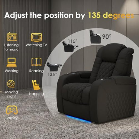 PBRO Home Theater Seating Top Grain Leather Recliner Chair, Movie Theater Chair Sofa with Power Reclining & Headrest USB Charger Ports Ambient Lighting, Black Single Seat for Home PBRO