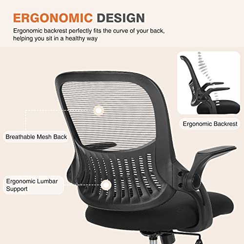 Sweetcrispy Office Computer Desk Chair, Ergonomic Mid-Back Mesh Rolling Work Swivel Task Chairs with Wheels, Comfortable Lumbar Support, Comfy Flip-up Arms for Home, Bedroom, Study, Student, Black Sweetcrispy