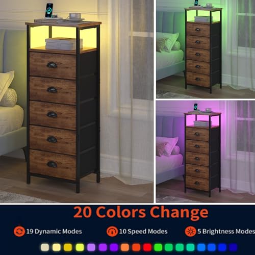 sthmec Nightstand with Charging Station,LED Night Stand with 5 Fabric Drawers, Bedside End Tables, 2-Tier Open Storage Shelf Side Table Nightstands with Drawers for Bedroom,Rustic Brown sthmec
