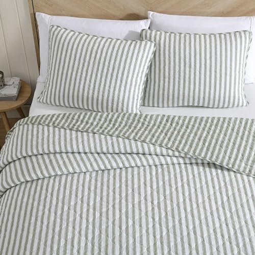 Stone Cottage - Twin Quilt Set, Reversible Cotton Bedding with Matching Shams, Striped Ideal Bedding Set (Willow Way Green, Twin) Stone Cottage
