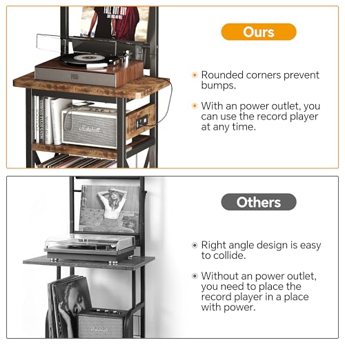 Homeiju Record Player Stand with Power Outlet, 6 Tier Vinyl Record Display Shelf, Record Player Table with album storage up to 200 Albums, Console Organizer Display Shelf, Gifts for Music Lovers Homeiju