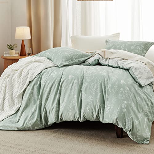 Bedsure Queen Comforter Set - Sage Green Bed Set, 3 Pieces Cute Floral Bedding, 1 Soft Reversible Botanical Flowers Comforter and 2 Pillow Shams Bedsure