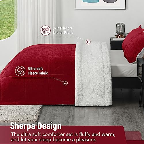 downluxe Ultra-Soft Micromink Sherpa King Size Comforter Set with 2 Pillow Shams - 3-Piece Set - Red - Plush Warm Fall Winter Bedding Comforter Sets downluxe