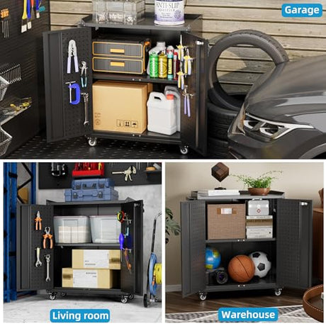 Aobabo 31.5" H Garage Storage Cabinet with Wheels,Lockable Metal Storage Cabinet with 2 Doors for Garage Home Office Storage,Black,Assembly Required Aobabo