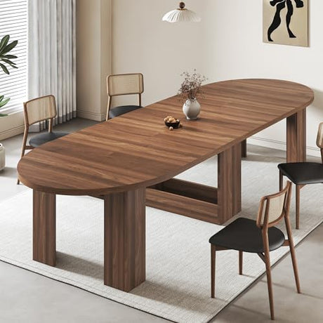 Round Extendable Dining Table for 4-12 People, 47-118 Inch Kitchen Table with Wood Strip Base, Modern Oval Dining Room Table for Kitchen Living Room, Walnut Bvldfamly