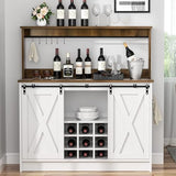 4ever2buy Farmhouse Coffee Bar Cabinet with Hutch, 47 Inch Buffet Cabinet with Storage, White Wine Bar with 9 Wine Racks and 6 Hooks, Coffee Bar Table with Adjustable Shelves for Living Dining Room 4ever2buy
