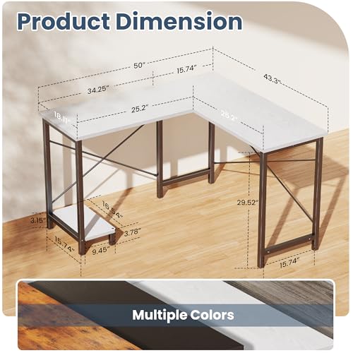 DUMOS L Shaped Desk, Computer Gaming Desks Corner Office Table with CPU Shelf for Home Study Writing Work Station 50 Inch, White DUMOS