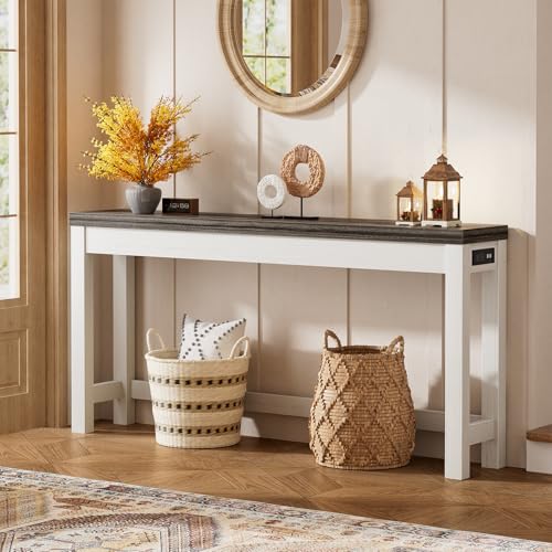 Cyclysio 63" Console Tables for Entryway, Long Console Tables for Living Room, Behind Couch Table, Sturdy Wood Support Farmhouse Entryway Table with 3AC+2USB Charging‌ Station, Oak Grey Cyclysio