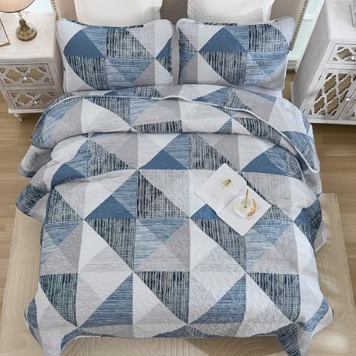 Dintszyayue King Size Quilt Blue, 3 Pieces Patchwork Bedspread Bedding for King Size Bed, Soft Lightweight Microfiber Geometric Coverlet Set for All Season Quilts with 2 Pillowcases Dintszyayue