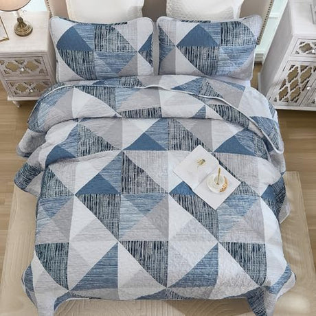 Dintszyayue King Size Quilt Blue, 3 Pieces Patchwork Bedspread Bedding for King Size Bed, Soft Lightweight Microfiber Geometric Coverlet Set for All Season Quilts with 2 Pillowcases Dintszyayue