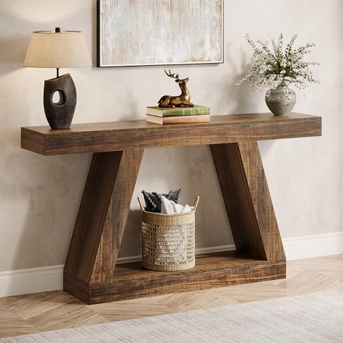 Tribesigns Farmhouse Console Table, 55-Inch Rustic Sofa Table with Storage, Industrial Wooden Entryway Table for Hallway, Living Room, Dark Brown Tribesigns
