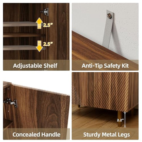 BREEZEHEAT Sideboard Buffet Cabinet with Storage, Fluted Accent Cabinet with 6 Doors, Mid Century Modern Console Table with Adjustable Shelves, Stylish Credenzas for Living Room or Entryway, Walnut BREEZEHEAT