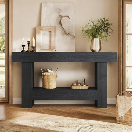 HUAHUU 63 Inches Long Console Table, Sofa Table with Storage Behind Couch, Entryway Table with Open Storage, Farmhouse Console Tables for Entryway, Living Room, Hallway, Black HUAHUU