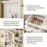 VIAGDO Vanity Desk with Mirror and Lights, Makeup Vanity with Drawers and Charging Station, Vanity Table with Shelves, Cabinet, Hidden Space for Bedroom, White VIAGDO
