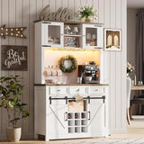GarveeHome 72" Farmhouse Coffee Bar Cabinet with Sliding Barn Door, LED Lights & Power Outlets, Tall Kitchen Buffet Hutch with 3 Drawers & Wine Glass Rack, Ample Storage for Home Bar, White GarveeHome