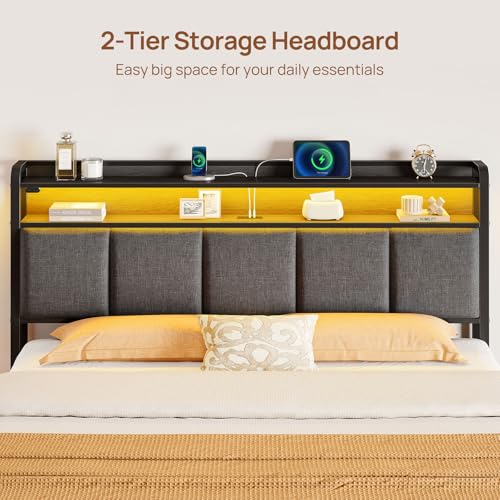 Rolanstar Bed Frame Queen Size with Charging Station and LED Lights, Upholstered Storage Headboard with Drawers, Heavy Duty Metal Slats, No Box Spring Needed, Noise Free, Easy Assembly, Dark Grey Rolanstar