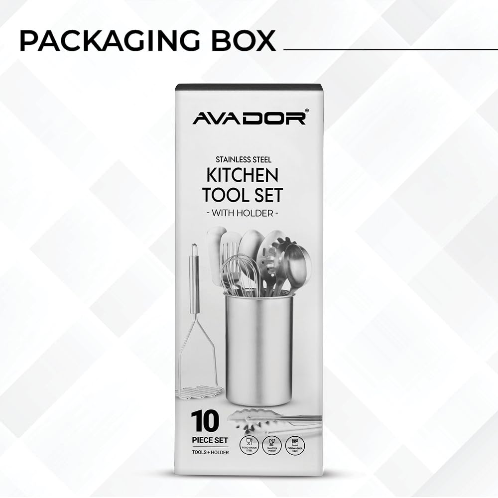 Avador® Premium Set of 10 Stainless Steel Kitchen Tool Set with Holder Easy To Clean, Space Saving, Great for Cooking, Baking, Prepping Avador