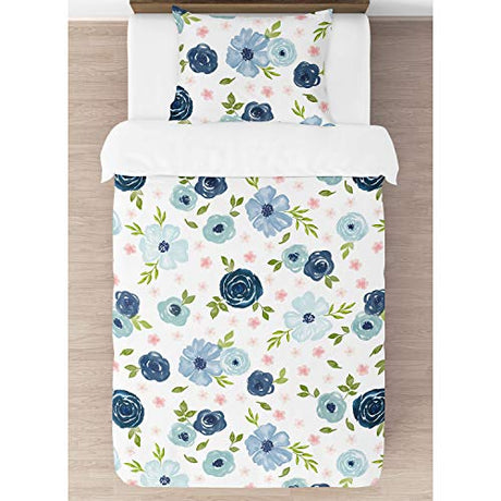Sweet Jojo Designs 2-Piece Twin Comforter Set (Blue/Pink Boho Floral) for Girls, Kids, Teen, College Bed Room incl. Single Size Bedding & Sham (Watercolor, Flower, Elegant Rose, Farmhouse, Blush Navy) Sweet Jojo Designs