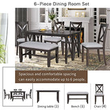 6 Pieces Dining Table Set with Bench, Wood Rectangle Table, 4 Chairs and Bench with Cushion, Kitchen Table Chairs Set for 6 Persons (Espresso) Merax