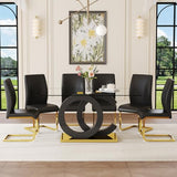 63" Glass Dining Table Set for 6, Modern Dining Table Set for 6, Tempered Glass Tabletop with Black OC-Shaped Legs and Gold Base, Black Gold Kitchen Table Set with 6 Cantilever Upholstered Chairs Iopirbu