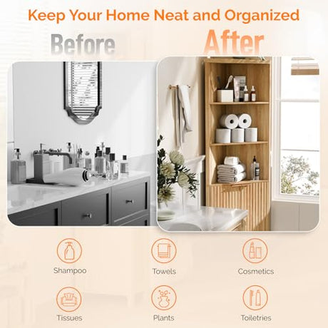 VINGLI 68" Tall Corner Cabinet with Fluted Doors,Corner Bathroom Storage Cabinet Pantry Hutch Display Shelves Adjustable for Kitchen, Living Room Modern Space Saver Shelf Bathroom Furniture,Oak VINGLI