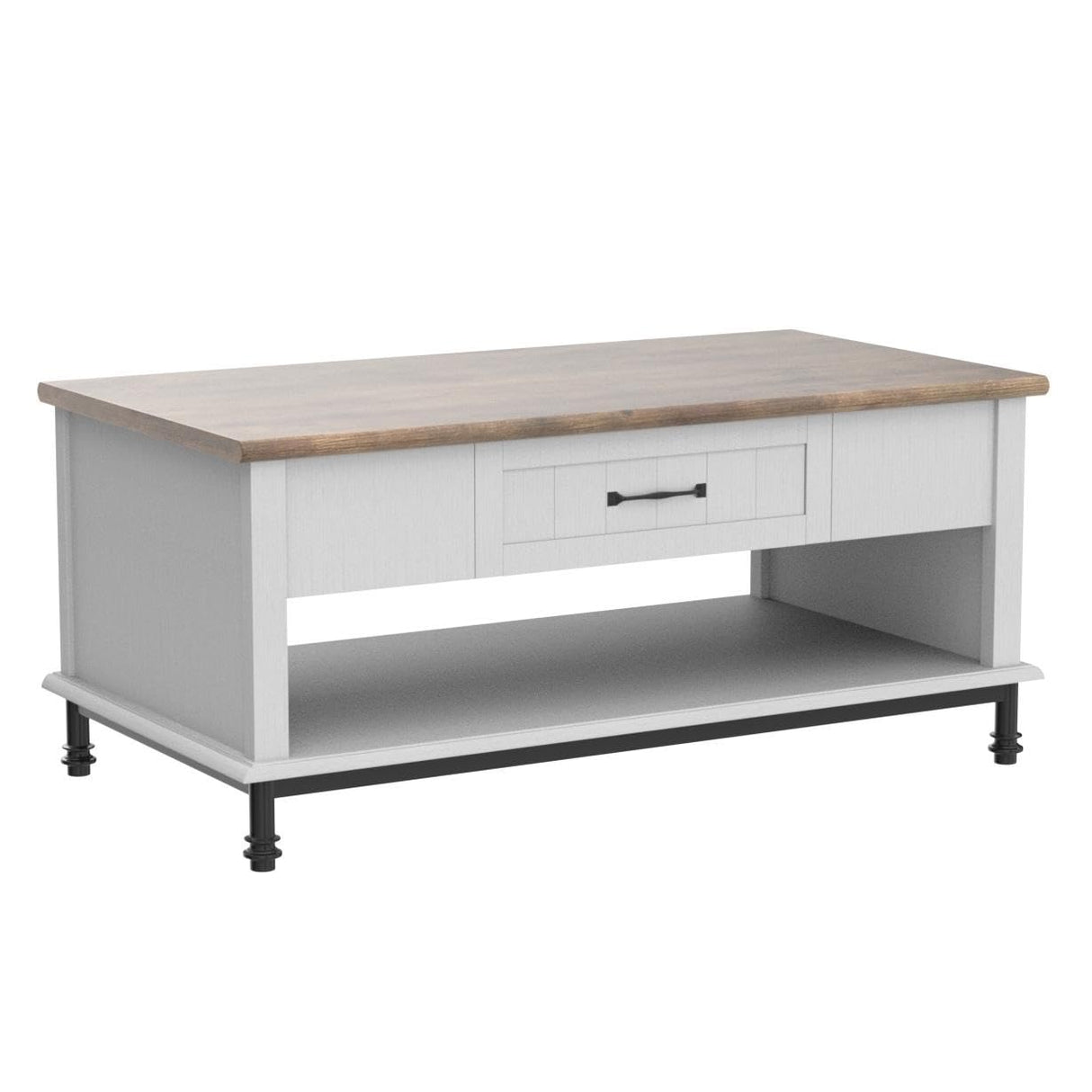 WAMPAT Farmhouse Coffee Table, with Yellow LED Lights, Large Rectangle Center Table with 1 Drawers and Open Storage Shelf for Living Room, 42", White/Oak, WAMPAT