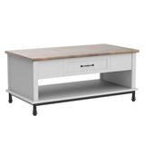 WAMPAT Farmhouse Coffee Table, with Yellow LED Lights, Large Rectangle Center Table with 1 Drawers and Open Storage Shelf for Living Room, 42", White/Oak, WAMPAT