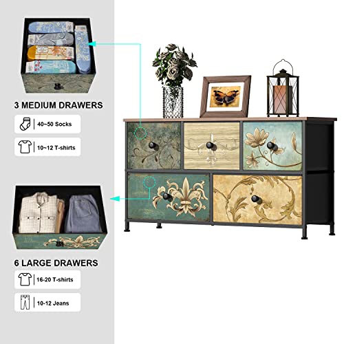 Tohomeor Dresser with Drawers for Bedroom Chest of Drawers Fabric Dresser for Closet,Nursery Entryway Hall Tree TV Stand for Living Room Retro Floral Pattern Drawers Wooden Top (5 Drawers) Tohomeor