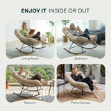 Bme Patio Rocking Chair Outdoor and Indoor, Modern Metal Lounge Rocker with Thick 7'' Cushion, 400lbs Capacity, Ergonomic Design, Easy Assembly, Beige Cushion - Wood Texture Rocker