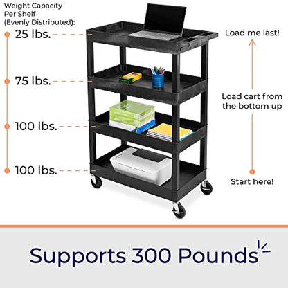 Stand Steady Tubstr 4 Shelf Utility Cart Supports Up to 300 lbs - Heavy-Duty Plastic Service Push Cart with Deep Shelves and 4" Casters, for Offices, - WoodArtSupply