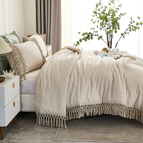 Andency Comforter Queen Size Set Beige, 3 Pieces Tassel Boho Lightweight Winter Bedding Comforters & Sets, All Season Bed Set (90x90In Comforter & 2 Pillowcases) Andency