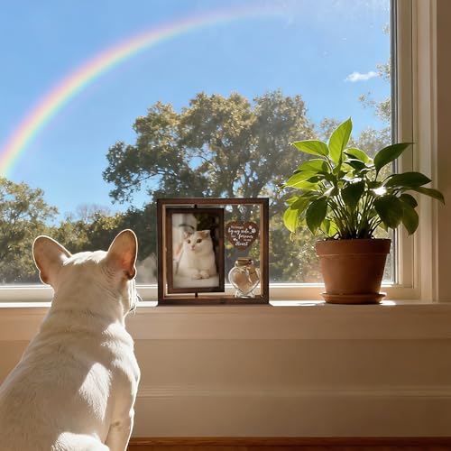HAMUIERS Cat Memorial Gifts for Loss of Cat - Rotating Wooden Frame for 4x6 Photo & Fur Hair Jar - Sympathy Gift for Pet Bereavement, Remembrance Keepsake - Rainbow Bridge Gift for Cat Lovers