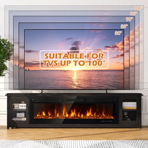 oneinmil 90" Fireplace TV Stand, 60 Inch Smart Fireplace & Modern Entertainment Center, Fire Place TV Console with WI-FI Enabled for TVs Up to 100", TV Stands for Living Room, Black oneinmil