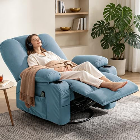 REFICCER Rocker Recliner Chair with Massage and Heat, Fabric Overstuffed Swivel Recliners Glider with Cup Holder Side Pocket, Rocking Reclining Sofa Chair for Adults Living Room, Blue REFICCER