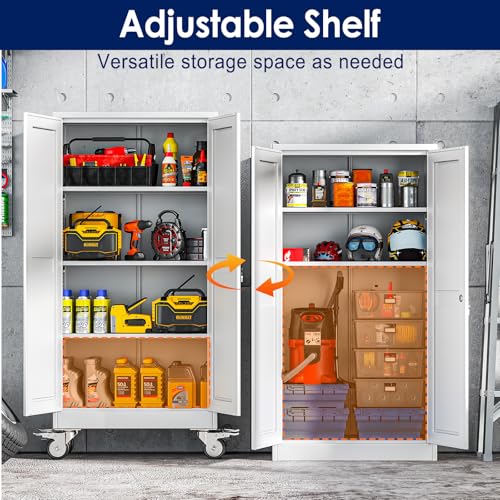 erosoei 61" H Metal Garage Storage Cabinet, Rolling Tool Cabinet with 2 Doors and Wheels, Locker Steel Cabinet with 3 Adjustable Shelves, Organization Cabinet for Garage,Office,Home,Gym,School（White） erosoei