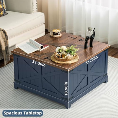 Joaxswe Farmhouse Coffee Table with Hidden Storage Organizer, Modern Square Large Center Table, Wood Farm House Low Navy Blue Living Room Tables with Hinged Lift Top for Home, Office - WoodArtSupply