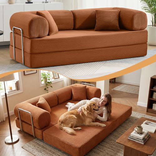 CozySpot Sofa Bed, 79" Convertible Sleeper Sofa with Pull Out Bed, 5-in-1 Folding Corduroy Futon Couch, Modular Loveseat Sofa Bed for Living Room, Bedroom & Apartment, Brown CozySpot