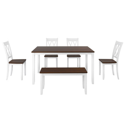 Harper & Bright Designs 6-Piece Dining Set with Bench, Farmhouse Rustic Kitchen Table Set with Wood Table, Bench and 4 Cross Back Dining Chairs, White+Cherry - WoodArtSupply