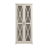Bush Furniture Lennox Farmhouse Curio Cabinet with Glass Doors and Shelves in Linen White Oak | Tall 5 Shelf Display Case for Living Room or Home Office Bush Home