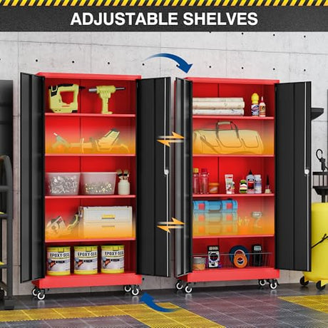 Fesbos Metal Rolling Storage Cabinet-74.6” Tall Steel File Cabinets with Wheels Lockable Doors and Adjustable Shelves-Black & Red Steel Storage Cabinet for Home, School, Office, Garage Fesbos