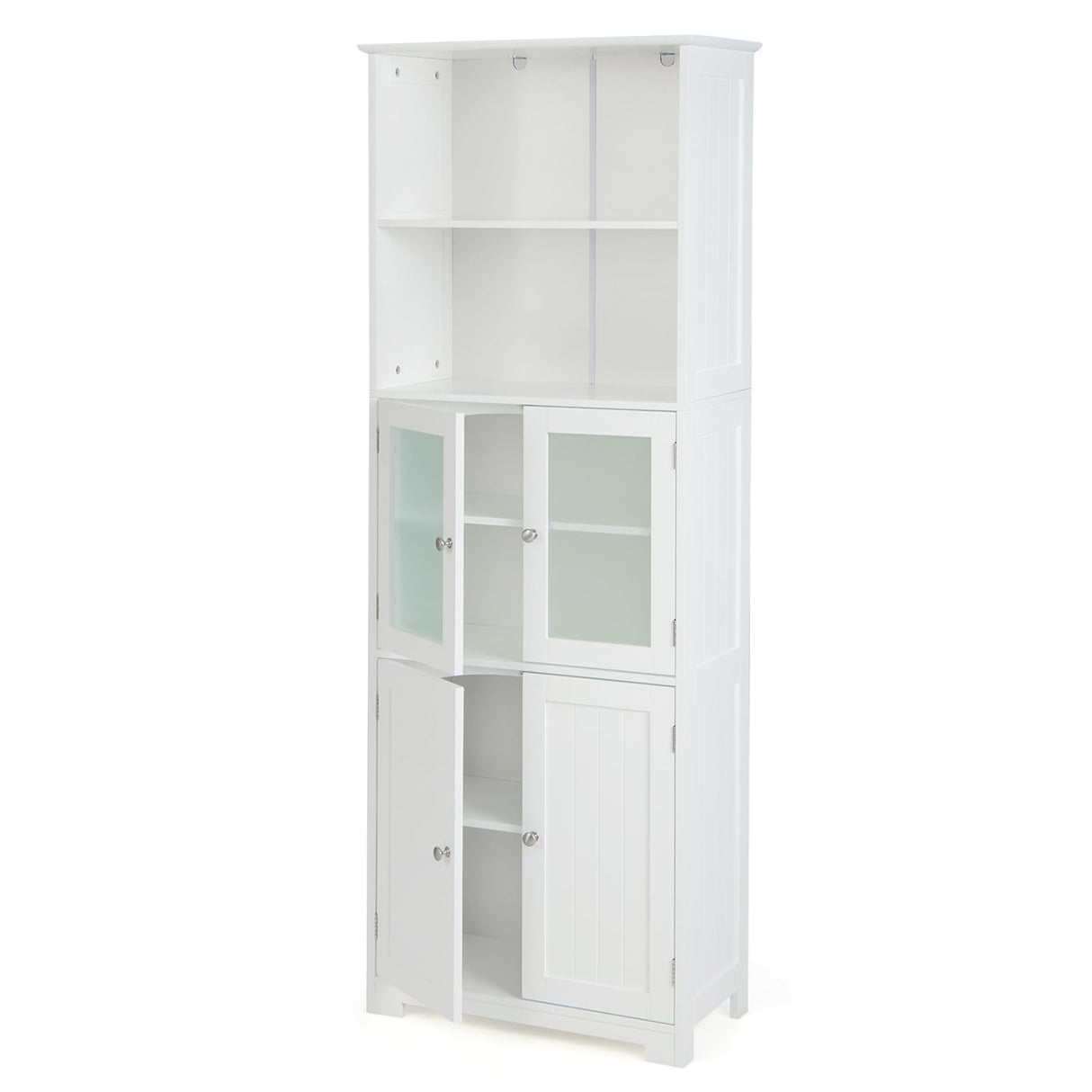 COSTWAY 64” Tall Freestanding Bathroom Storage Cabinet with Glass Doors and Adjustable Shelves in White COSTWAY