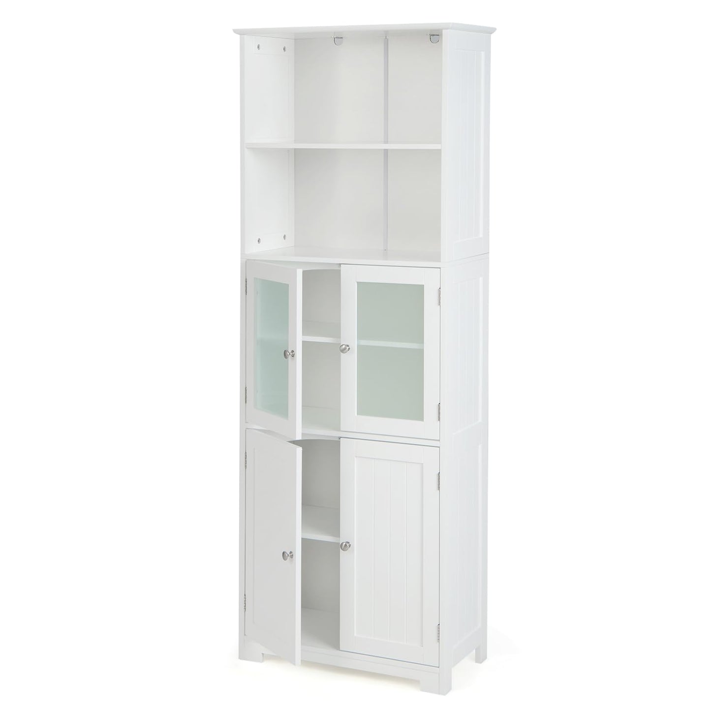 COSTWAY Tall Bathroom Storage Cabinet, Freestanding Kitchen Pantry Cabinet with Glass Doors and Adjustable Shelf, 64” Wooden Linen Floor Cabinet for Bathroom, Living Room, Kitchen (White)