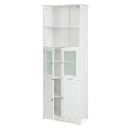 COSTWAY Tall Bathroom Storage Cabinet, Freestanding Kitchen Pantry Cabinet with Glass Doors and Adjustable Shelf, 64” Wooden Linen Floor Cabinet for Bathroom, Living Room, Kitchen (White)