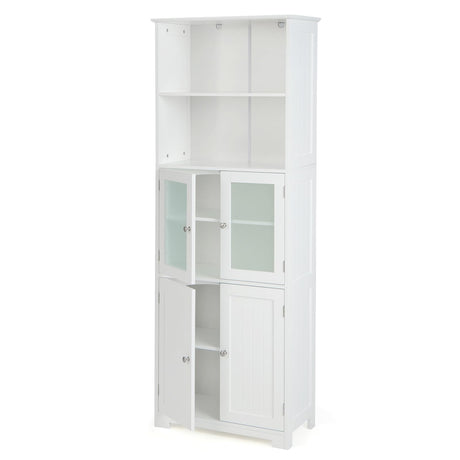 COSTWAY 64” Tall Freestanding Bathroom Storage Cabinet with Glass Doors and Adjustable Shelves in White COSTWAY