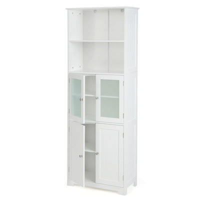 COSTWAY 64” Tall Freestanding Bathroom Storage Cabinet with Glass Doors and Adjustable Shelves in White