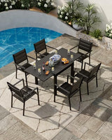 Aluminum 31"-63" Extendable Outdoor Dining Table Set for 4-6 Person, Expandable Patio Table with Wood Pattern Tabletop for Backyard, Deck, Black Fitenlor