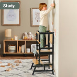 COSYLAND Toddler Standing Tower - Adjustable Height Toddler Kitchen Stool Helper - Kids Kitchen Step Stool for Learning with Removable Safety Railing Black&Natural COSYLAND