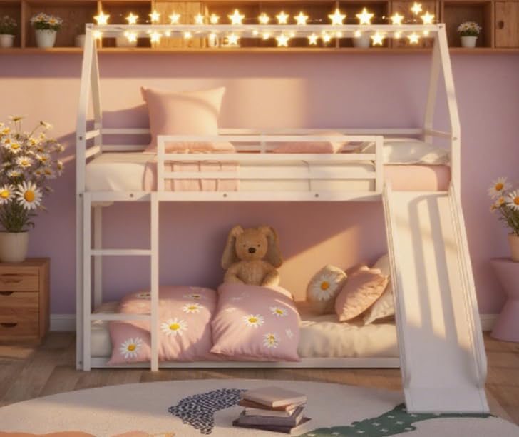 Bellemave Metal Bunk beds Twin Over Twin Size, Twin bunk beds with Slide and Ladder for Kids, Floor bunk Bed, House bunk Bed for Kids，White Bellemave