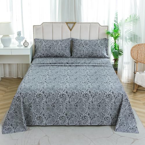 KACEMOO Bed Sheets Queen Size, 4 Piece Gray Paisley Sheets, 17" Deep Pocket Floral Pattern Sheets Queen, Soft Luxury Brushed Microfiber Sheets, Easy Care Breathable Bedding Set KACEMOO